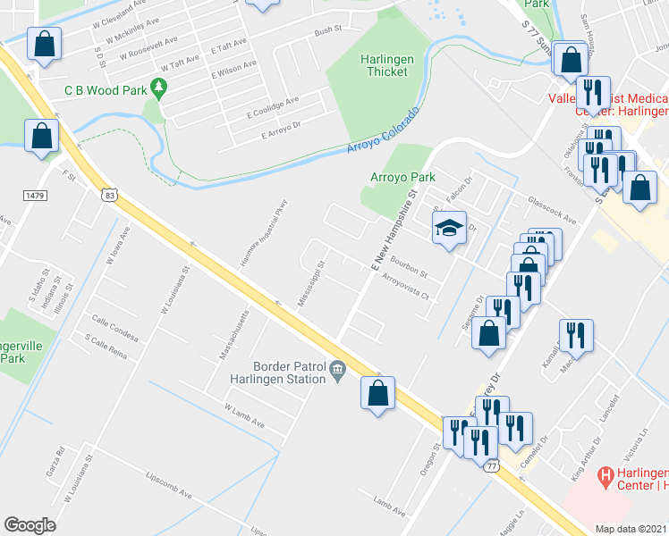 map of restaurants, bars, coffee shops, grocery stores, and more near 505 Alonzo Circle in Harlingen