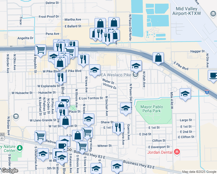 map of restaurants, bars, coffee shops, grocery stores, and more near 659 Drain Street in Weslaco