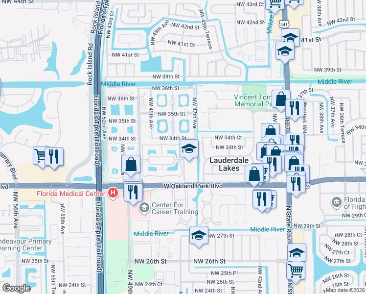 map of restaurants, bars, coffee shops, grocery stores, and more near 3321 Northwest 47th Terrace in Lauderdale Lakes