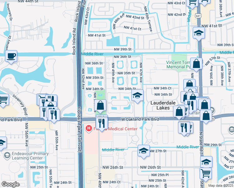 map of restaurants, bars, coffee shops, grocery stores, and more near 3341 Northwest 47th Terrace in Lauderdale Lakes