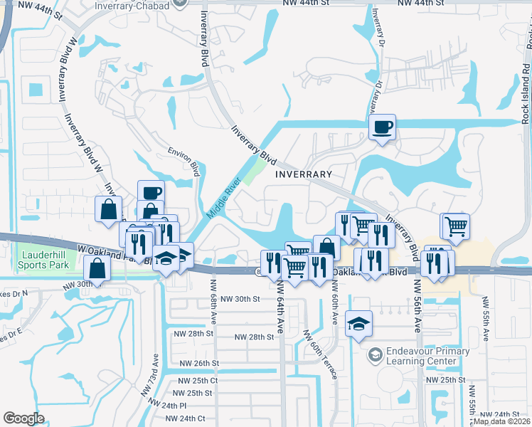 map of restaurants, bars, coffee shops, grocery stores, and more near 6614 Racquet Club Drive in Lauderhill