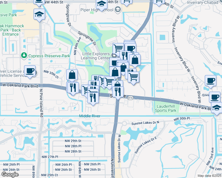 map of restaurants, bars, coffee shops, grocery stores, and more near 8053 West Oakland Park Boulevard in Sunrise