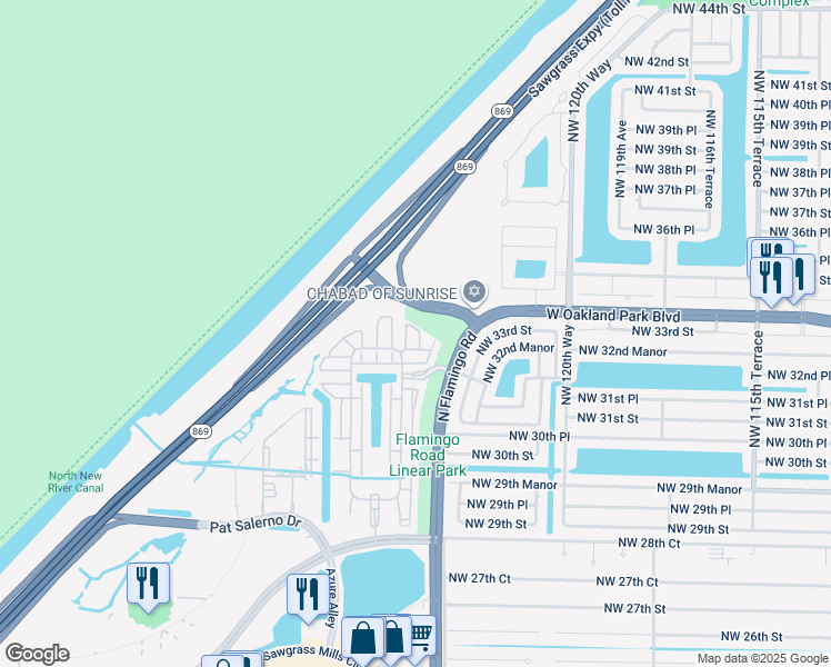 map of restaurants, bars, coffee shops, grocery stores, and more near 3351 Northwest 124th Terrace in Sunrise