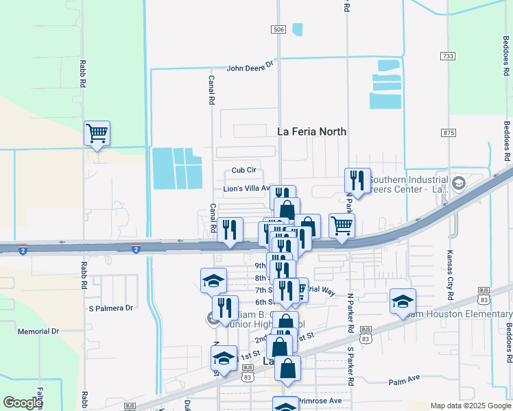 map of restaurants, bars, coffee shops, grocery stores, and more near 144-198 Blackfoot Street in La Feria