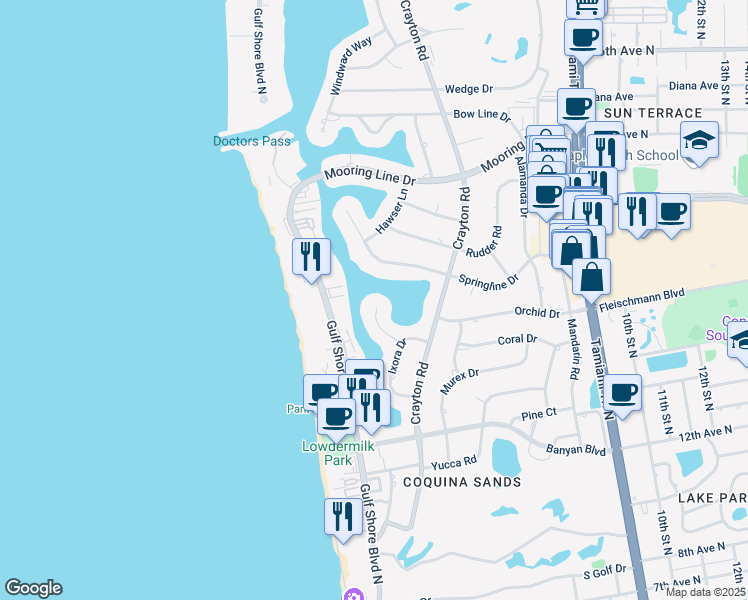 map of restaurants, bars, coffee shops, grocery stores, and more near 1839 Hurricane Harbor Lane in Naples