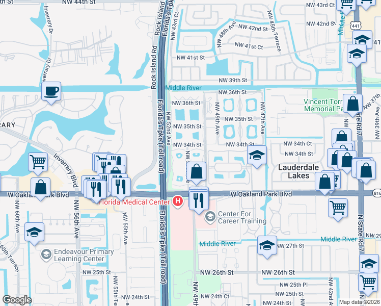 map of restaurants, bars, coffee shops, grocery stores, and more near 5071 West Oakland Park Boulevard in Lauderdale Lakes