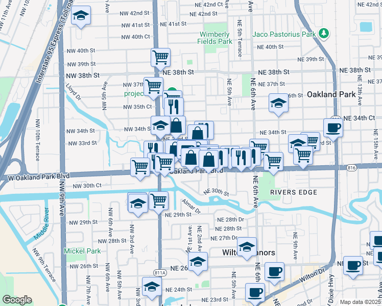 map of restaurants, bars, coffee shops, grocery stores, and more near 232 Northeast 32nd Street in Oakland Park