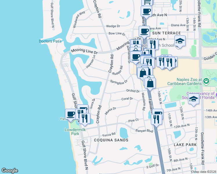map of restaurants, bars, coffee shops, grocery stores, and more near 1801 Crayton Road in Naples