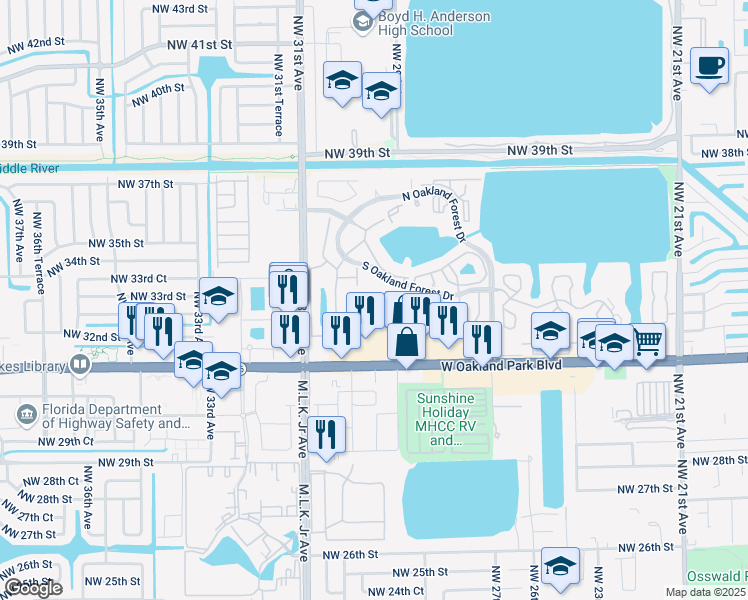 map of restaurants, bars, coffee shops, grocery stores, and more near 3129 Oakland Shores Drive in Oakland Park