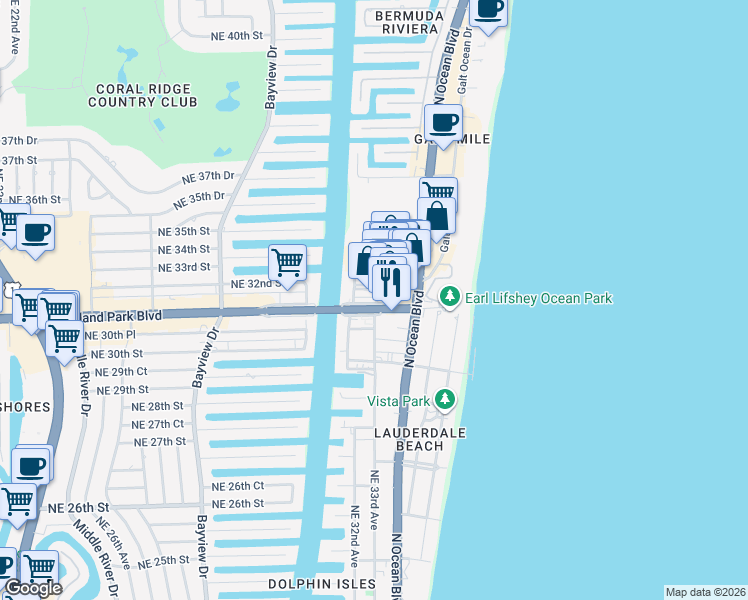 map of restaurants, bars, coffee shops, grocery stores, and more near 3330 Florida 816 in Fort Lauderdale