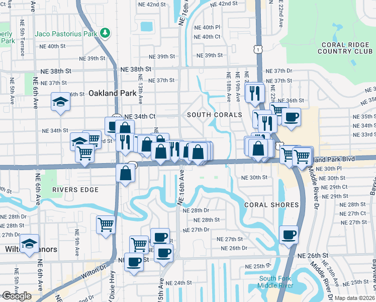 map of restaurants, bars, coffee shops, grocery stores, and more near 1601 East Oakland Park Boulevard in Oakland Park