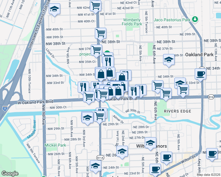 map of restaurants, bars, coffee shops, grocery stores, and more near 175 Northeast 32nd Street in Oakland Park