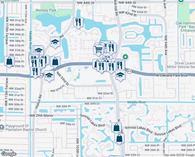 map of restaurants, bars, coffee shops, grocery stores, and more near 3318 Northwest 103rd Avenue in Sunrise