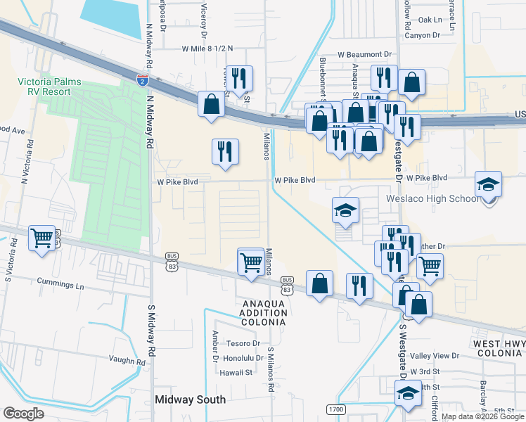 map of restaurants, bars, coffee shops, grocery stores, and more near 600 North Milano Road in Weslaco