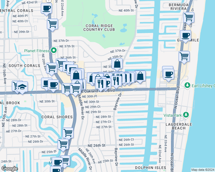 map of restaurants, bars, coffee shops, grocery stores, and more near 2739 East Oakland Park Boulevard in Fort Lauderdale