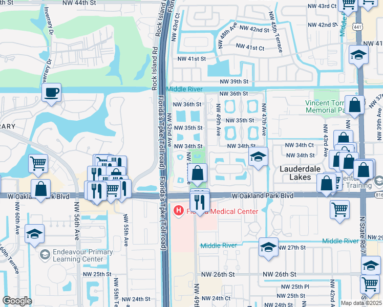 map of restaurants, bars, coffee shops, grocery stores, and more near 211 Northwest 51st Avenue in Lauderdale Lakes