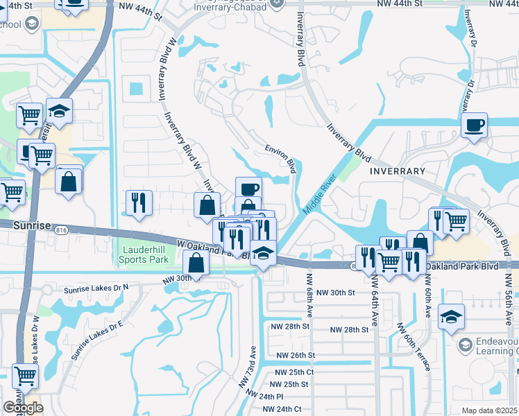 map of restaurants, bars, coffee shops, grocery stores, and more near 3162 La Mirage Drive in Lauderhill