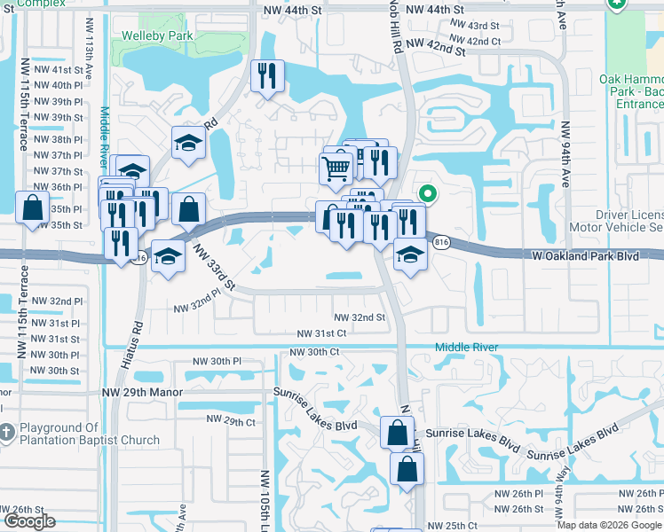 map of restaurants, bars, coffee shops, grocery stores, and more near 3318 Northwest 103rd Avenue in Sunrise