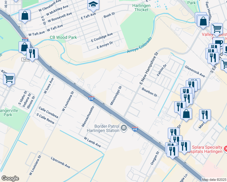 map of restaurants, bars, coffee shops, grocery stores, and more near 3 Arroyo Vista Court in Harlingen