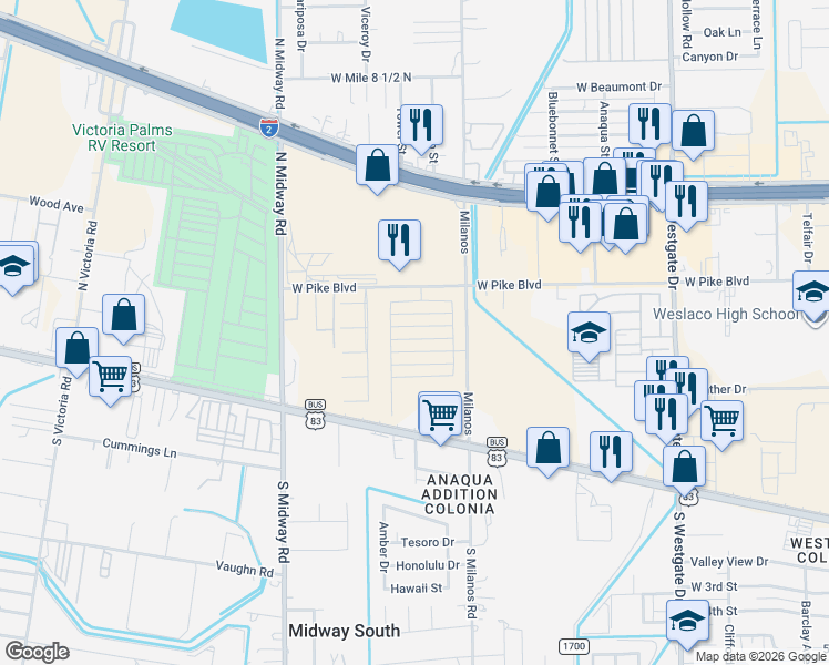 map of restaurants, bars, coffee shops, grocery stores, and more near 2300 West Pike Boulevard in Weslaco