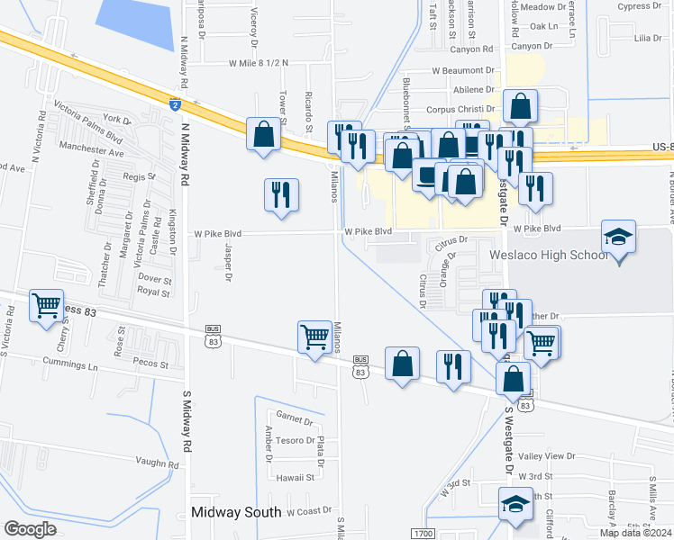 map of restaurants, bars, coffee shops, grocery stores, and more near South Milano Road in Weslaco