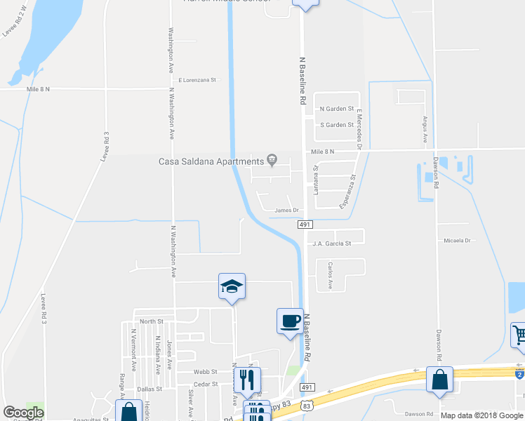 map of restaurants, bars, coffee shops, grocery stores, and more near 160 James Drive in Mercedes