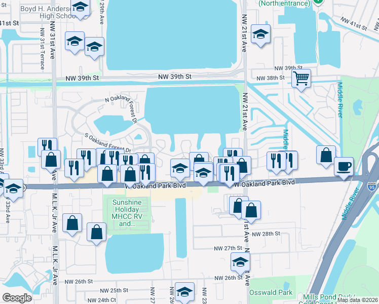 map of restaurants, bars, coffee shops, grocery stores, and more near 2350 Northwest 33rd Street in Fort Lauderdale