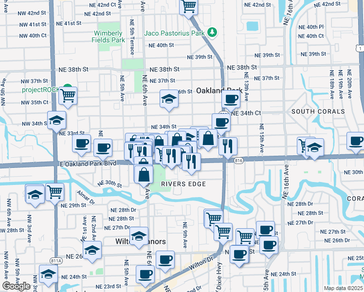 map of restaurants, bars, coffee shops, grocery stores, and more near 936 Northeast 33rd Street in Oakland Park