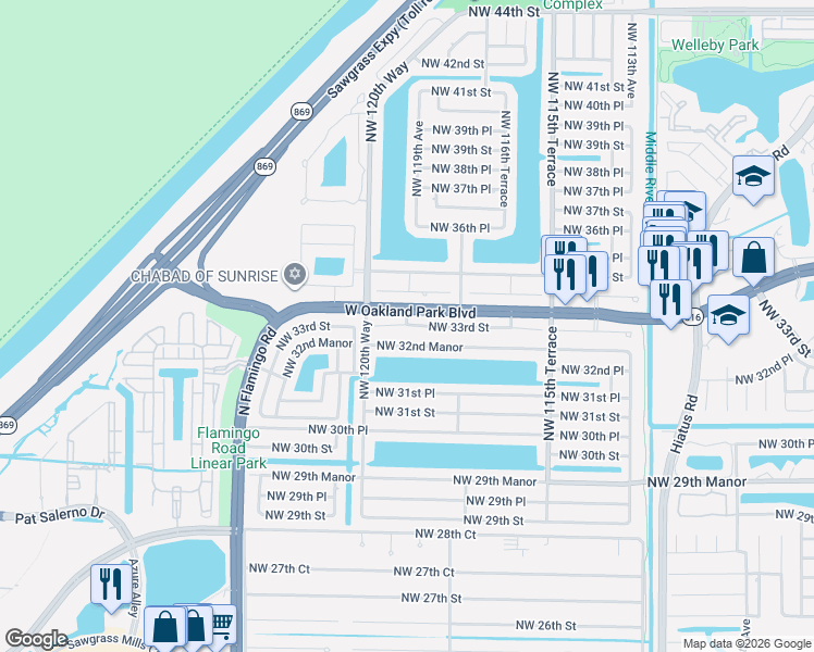 map of restaurants, bars, coffee shops, grocery stores, and more near 12292 Northwest 33rd Street in Sunrise