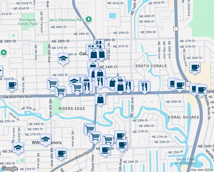 map of restaurants, bars, coffee shops, grocery stores, and more near 1299 East Oakland Park Boulevard in Oakland Park