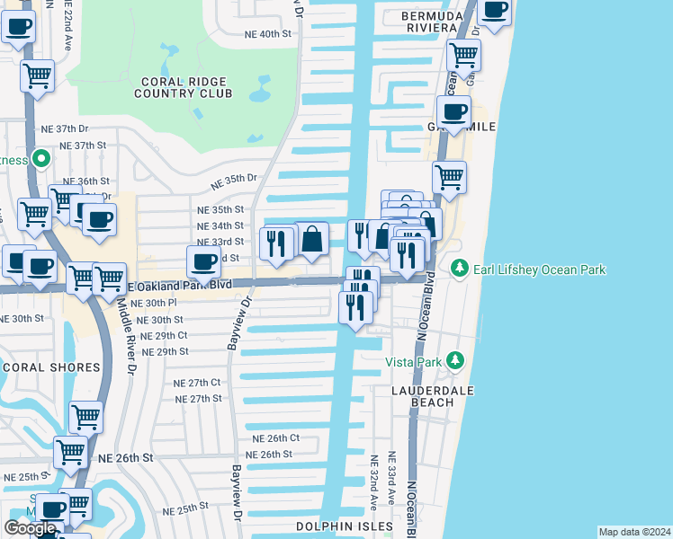 map of restaurants, bars, coffee shops, grocery stores, and more near 3001 East Oakland Park Boulevard in Fort Lauderdale