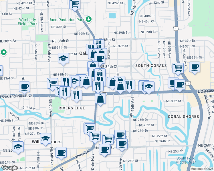 map of restaurants, bars, coffee shops, grocery stores, and more near 1299 East Oakland Park Boulevard in Oakland Park