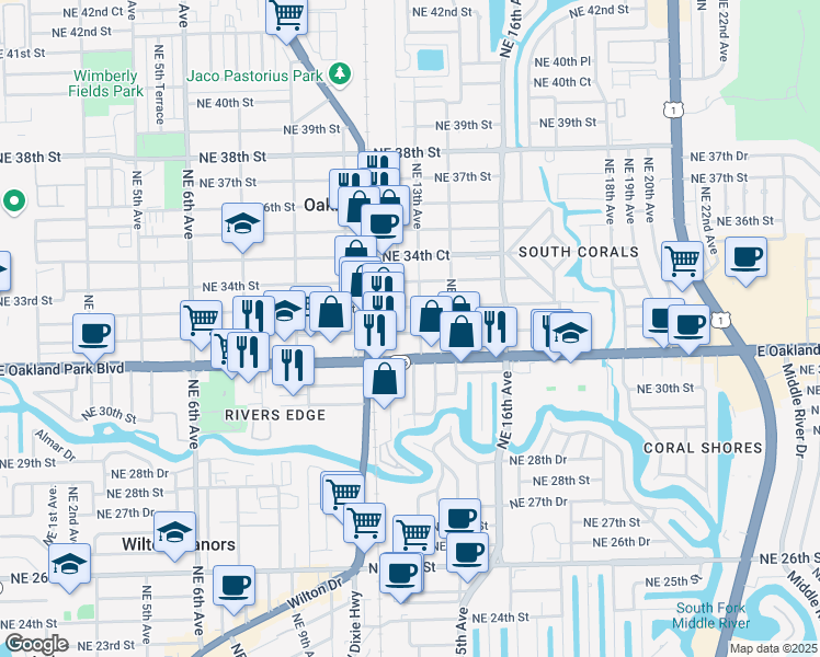 map of restaurants, bars, coffee shops, grocery stores, and more near 1271 Northeast 32nd Street in Oakland Park