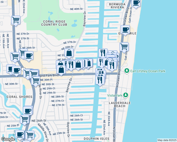 map of restaurants, bars, coffee shops, grocery stores, and more near 2878 East Oakland Park Boulevard in Fort Lauderdale