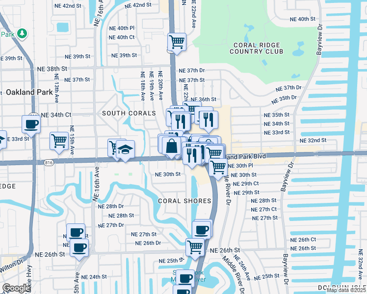 map of restaurants, bars, coffee shops, grocery stores, and more near 3101 North Federal Highway in Oakland Park