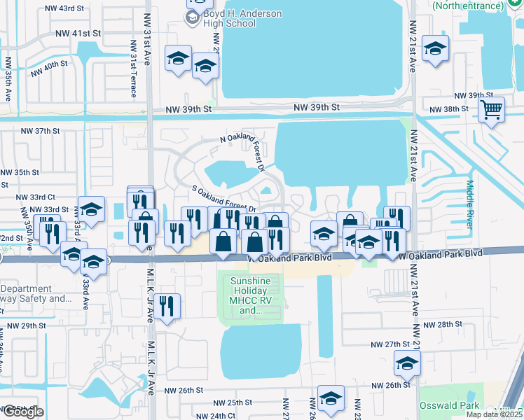 map of restaurants, bars, coffee shops, grocery stores, and more near 1102 The Lakes in Oakland Park