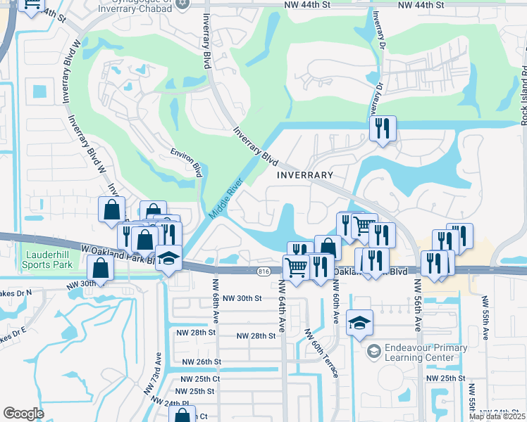 map of restaurants, bars, coffee shops, grocery stores, and more near 6614 Racquet Club Drive in Lauderhill
