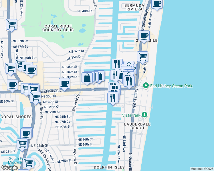 map of restaurants, bars, coffee shops, grocery stores, and more near 3001 East Oakland Park Boulevard in Fort Lauderdale