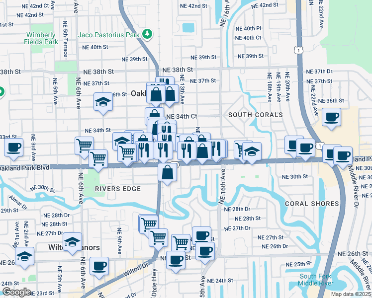 map of restaurants, bars, coffee shops, grocery stores, and more near 1299 East Oakland Park Boulevard in Oakland Park