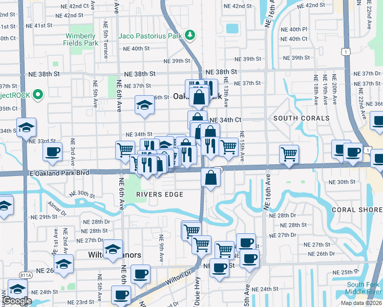 map of restaurants, bars, coffee shops, grocery stores, and more near 1060 Southwest 32nd Court in Oakland Park