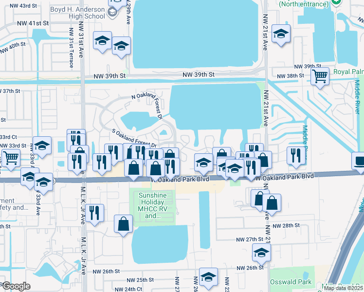 map of restaurants, bars, coffee shops, grocery stores, and more near 2622 Northwest 33rd Street in Oakland Park