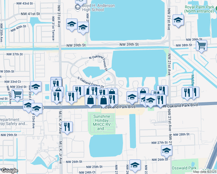 map of restaurants, bars, coffee shops, grocery stores, and more near 2700 South Oakland Forest Drive in Oakland Park