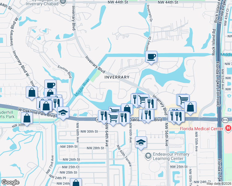 map of restaurants, bars, coffee shops, grocery stores, and more near 3366 Spanish Moss Terrace in Lauderhill