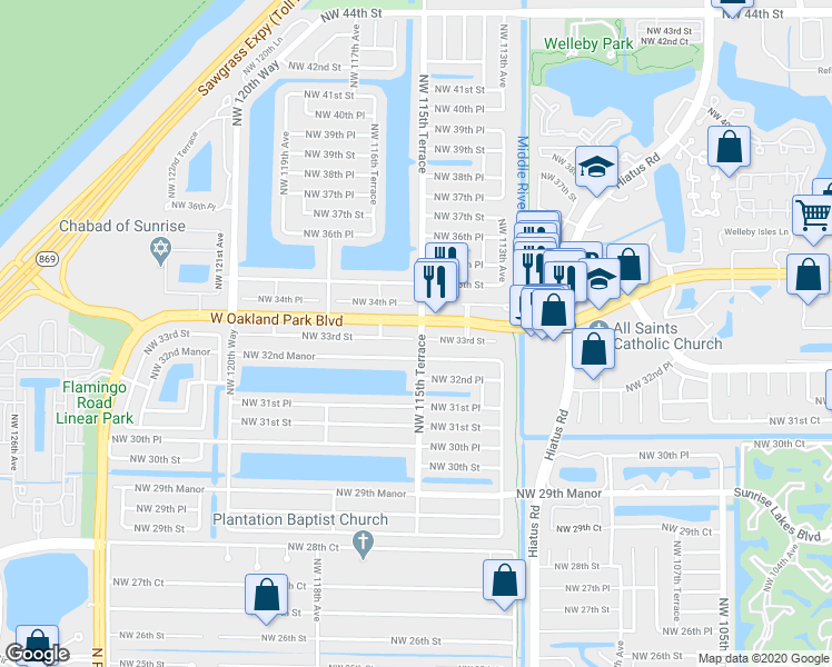 map of restaurants, bars, coffee shops, grocery stores, and more near 11530 Northwest 33rd Street in Sunrise