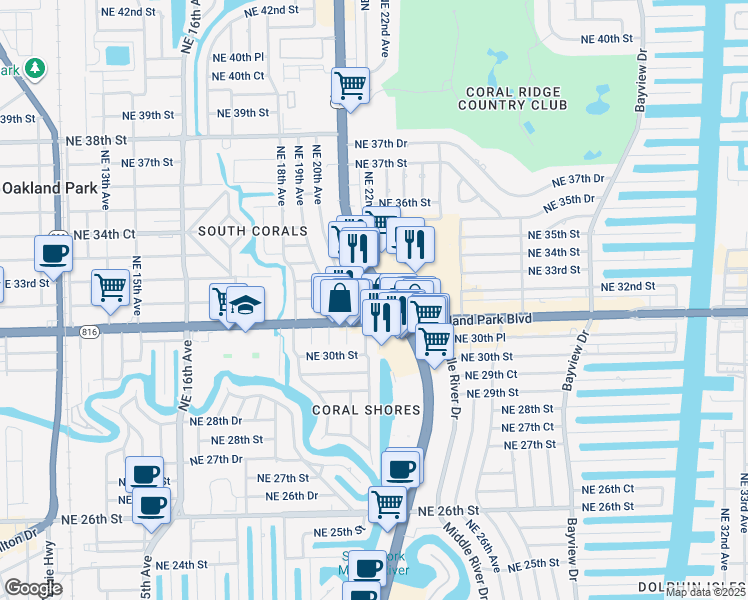 map of restaurants, bars, coffee shops, grocery stores, and more near 3101 North Federal Highway in Oakland Park