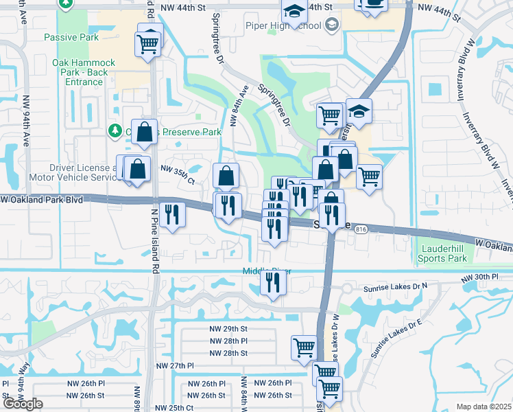 map of restaurants, bars, coffee shops, grocery stores, and more near in Sunrise