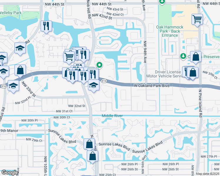 map of restaurants, bars, coffee shops, grocery stores, and more near 3360 Northwest 97th Terrace in Sunrise