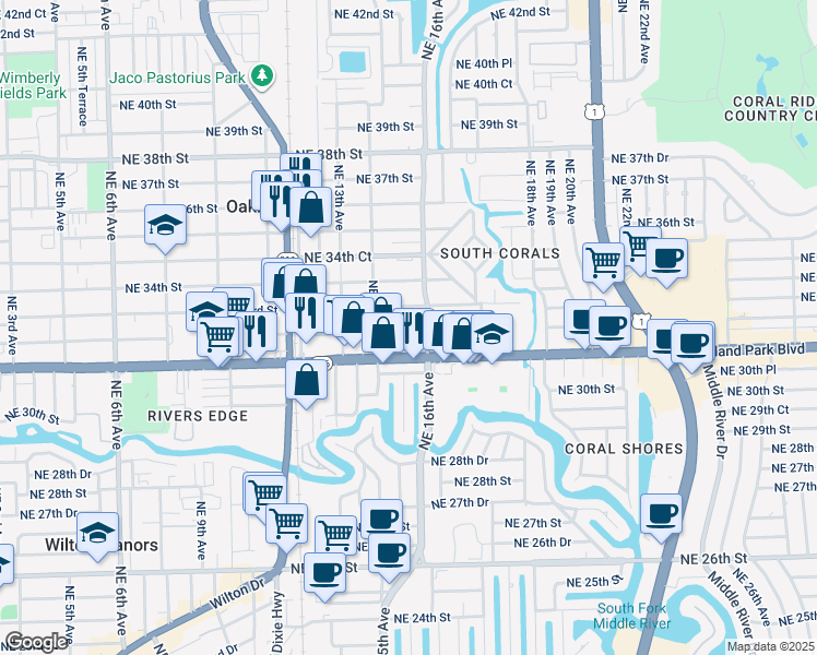 map of restaurants, bars, coffee shops, grocery stores, and more near 1560 Northeast 32nd Street in Oakland Park