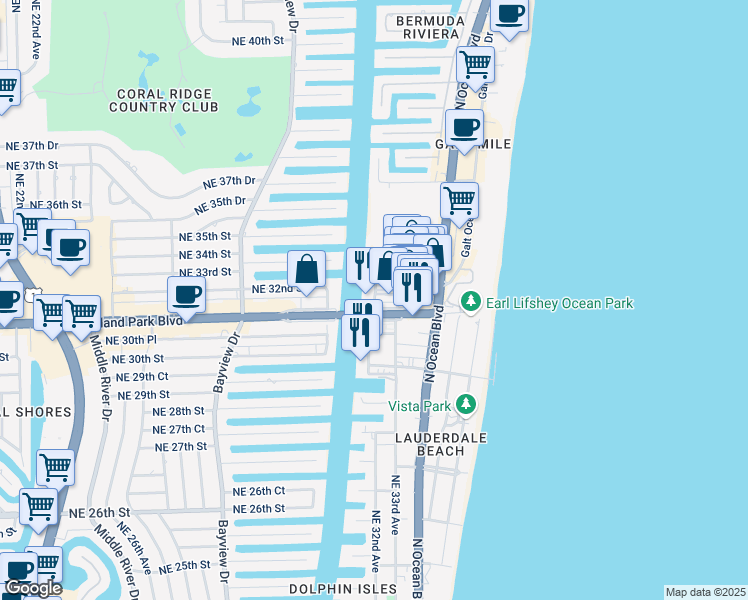 map of restaurants, bars, coffee shops, grocery stores, and more near 3160 Northeast 32nd Avenue in Fort Lauderdale