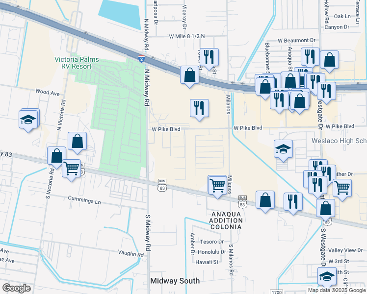 map of restaurants, bars, coffee shops, grocery stores, and more near 3017 West Pike Boulevard in Weslaco